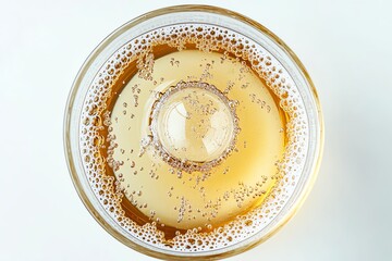 Top view of a bubbling carbonated drink in a glass with ice.