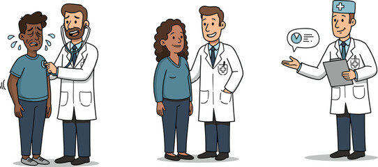 Cartoon doctor with patients, medical checkup illustration, healthcare professional artwork, hospital consultation vector, physician with clipboard, healthcare support comic drawing