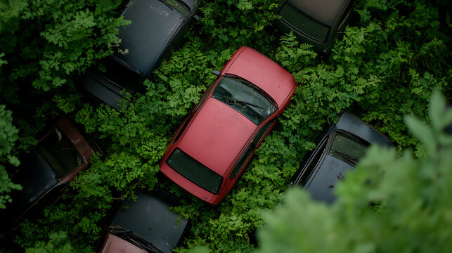 Automotive Graveyard: Vintage cars rest amongst lush greenery, nature reclaiming vehicles in this abandoned lot.
