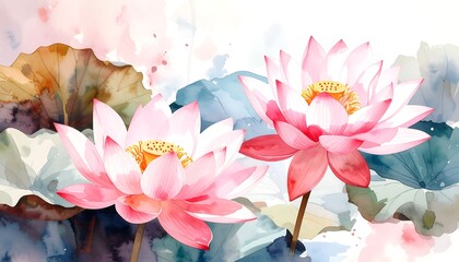 Delicate lotus blossoms in watercolor style