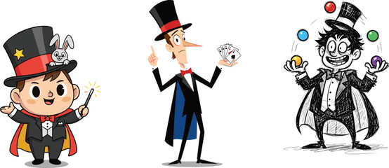 Cartoon magician characters, funny illusionist, magic tricks, rabbit in hat, card trick, juggling balls, comic sorcerer, stage performer illustration
