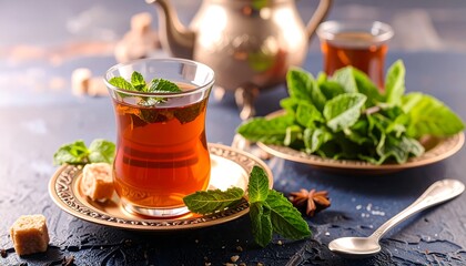 Aromatic mint tea in a glass cup