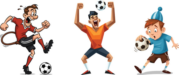 Cartoon soccer players in action, kicking, celebrating, and surprised expressions, funny football illustration, sports character design, kids and adults