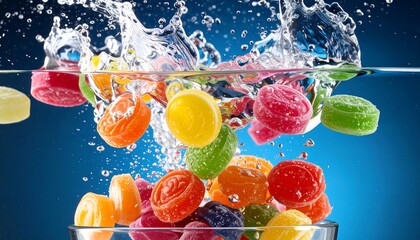 Colorful hard candies falling into clear water with a splash on blue gradient background