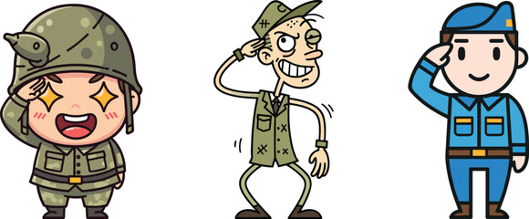 Cartoon soldiers saluting, military characters illustration, army salute artwork, funny soldier cartoon, military uniform design, army characters, comic style salute, vector artwork