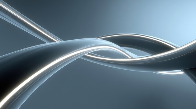 Interlaced metallic silver ribbons with bright highlight edges sweeping across a soft blue gradient background for modern abstract technology visuals.