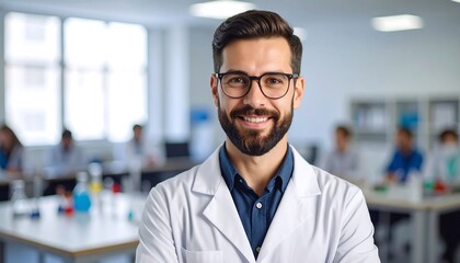 Obraz premium Smiling Scientist in Lab Coat, Modern Laboratory Setting