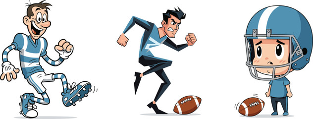 Funny cartoon American football characters, kids and adults playing football, sports athletes in action, vector illustration for game designs © Creative Art