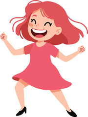 Happy little girl dancing joyfully with red hair, pink dress, black shoes, cheerful expression, energetic movement, isolated white background.