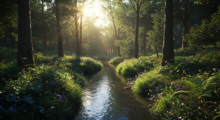 Obraz premium Forest stream sunlight