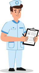 Male nurse illustration, holding clipboard, hospital uniform, medical professional, healthcare worker, patient care, hospital staff, cartoon character, nurse role
