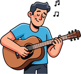 Obraz premium Happy man playing acoustic guitar, enjoying music, casual musician, creative expression, relaxing activity, musical hobby, joyful performance, entertainment, passion for music.
