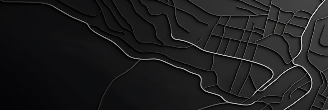 Dark, minimalist map illustration of urban streets and waterways, creating a sleek and sophisticated graphic design ideal for a tech or design theme.