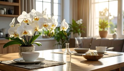 Sunlit dining scene with white orchids, wooden table and place settings for four