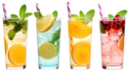 Colorful refreshing summer drinks with ice and citrus in glasses isolated on a transparent white background, clipping path