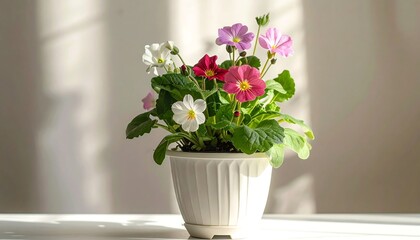 Fototapeta premium A potted plant displays vibrant, multi-colored blooms under soft sunlight against a plain backdrop, creating a still-life aesthetic