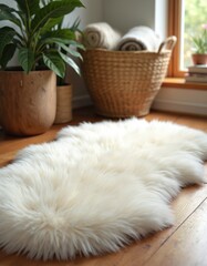 Cozy white faux fur rug on wooden floor. Soft texture, warm inviting ambience in modern room decor. Natural light enhances plush fluffy feel. Neutral tones create serene, relaxing atmosphere. Chic,
