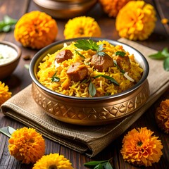 Aromatic rice dish in a copper bowl surrounded by marigold flowers