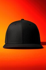 A black baseball cap mockup against a vibrant orange gradient background