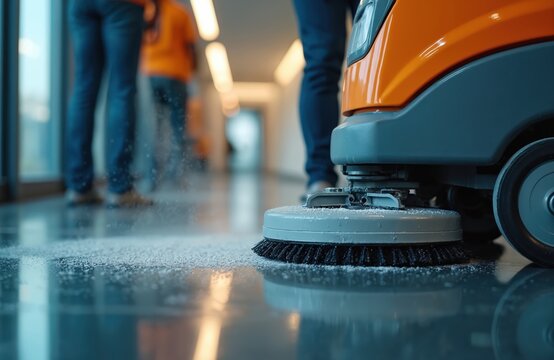 Commercial floor cleaning machine scrubs shiny corridor floor. Pro small business maintenance equipment ensures janitorial services, sanitation, hygiene. Workers in blue jeans, orange shirts assist.