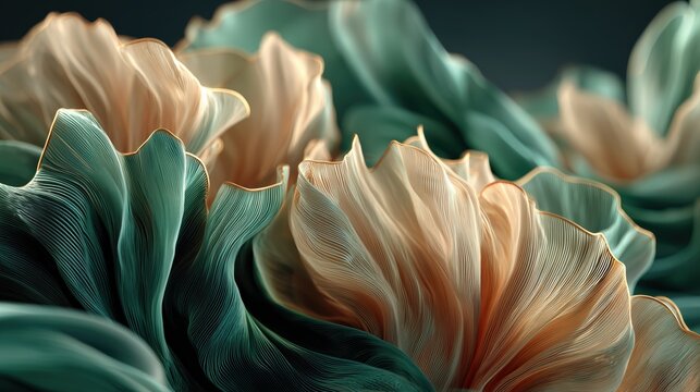Abstract macro close up of layered ruffled shapes in soft peach and teal tones with fine texture and golden edges.

