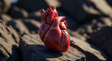 Realistic human heart model resting on rough rocks outdoors