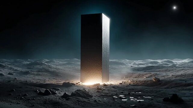 Futuristic black monolith rising from a barren rocky alien landscape