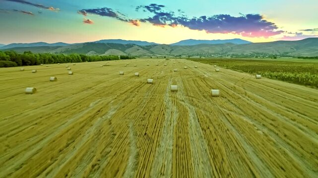 Beautiful countryside, golden field, strow bales, green trees, sunset skyline