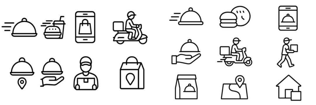 Delivery icons showcasing diverse food delivery options and services including meals, beverages, and courier activities
