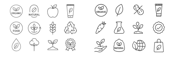 Collection of simple line icons representing organic and natural themes for eco-friendly products and practices