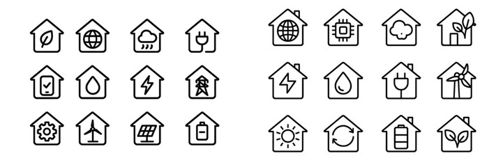 Icons representing various aspects of sustainability in home design and energy management for modern living spaces