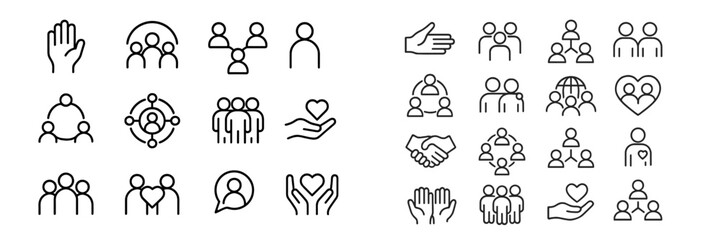 Collection of line icons depicting teamwork, community, and collaboration symbols in a clean and modern style