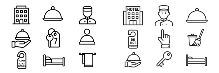 Icons representing hotel services and amenities for a guest experience at a lodging facility