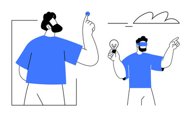 Man pointing at concept, holding light bulb as idea, cloud background. Ideal for creativity, brainstorming, innovation, strategy, future vision, decision-making simple flat metaphor