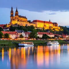Obraz premium Historic European city by river at twilight