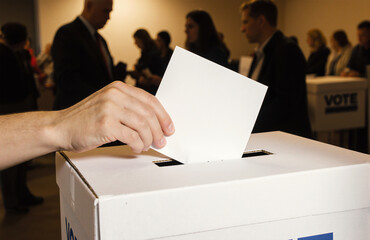 Hand placing ballot into white voting box, blurred background.