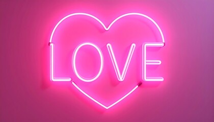 Pink neon heart outlines 'LOVE' against a gradient pink background, a warm glow
