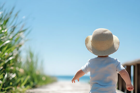 Child in sunhat walking towards the sea on a bright summer day. A perfect day for a vacation, exploring the coast, and enjoying nature. - Powered by Adobe