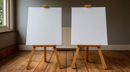 Empty Canvases in Artistic Setting: Two blank canvases stand poised on wooden easels, bathed in natural light, inviting artistic expression and the blank canvas of artistic space.