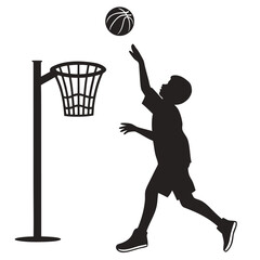 Boy throwing ball into basket