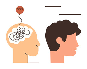 Two human profiles, one transparent showcasing a tangled brain with question marks, representing confusion. Ideal for psychology, mental health, communication, problem-solving, brainstorming