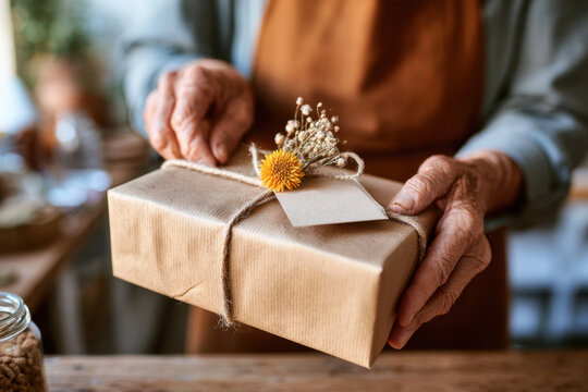 Beautifully wrapped gift in a cozy workshop