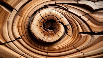 Abstract swirling wood grain pattern with concentric rings and radial cracks, close-up