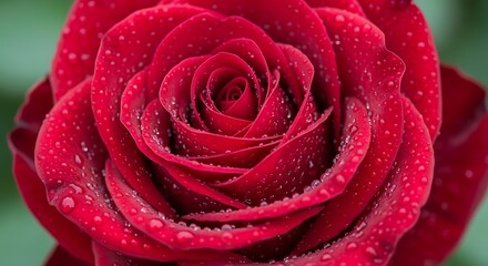 Closeup of a vibrant red rose covered in glistening water droplets