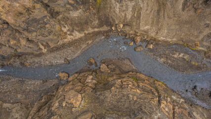 Rocky canyon floor in Iceland with a shallow river weaving through rugged brown cliffs and volcanic terrain