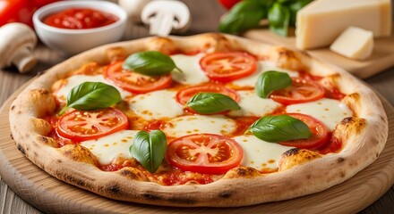 A delicious margherita pizza with fresh basil and tomatoes on a wooden board