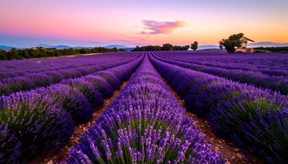 Serene Sunset over Lavender Fields in Provence, France