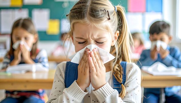 Sick Children in Classroom: Girl Blowing Nose with Tissue