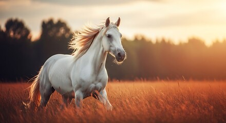 Obraz premium A white horse gallops through a sunlit field of tall grass at sunset