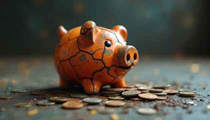 Cracked orange piggy bank, spilling coins. Represents personal savings crisis, inflation, financial struggles, economic downturn. Macro view suggests difficulty with personal finance, budget, debt,